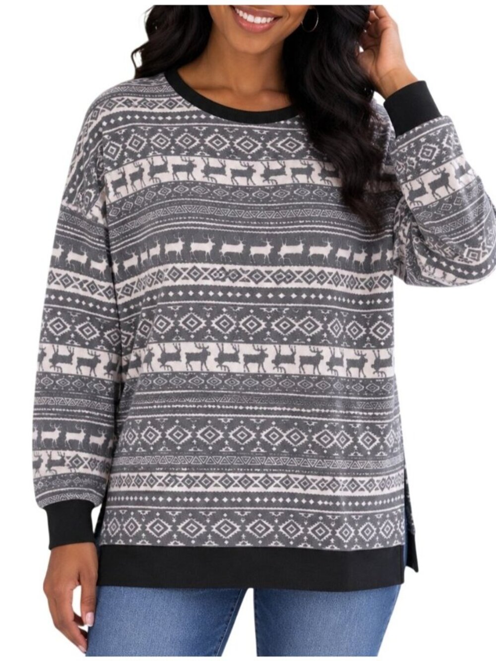 White Birch Size Medium Sweatshirt Reindeer Print Cozy Lounge USA-Made Soft Knit